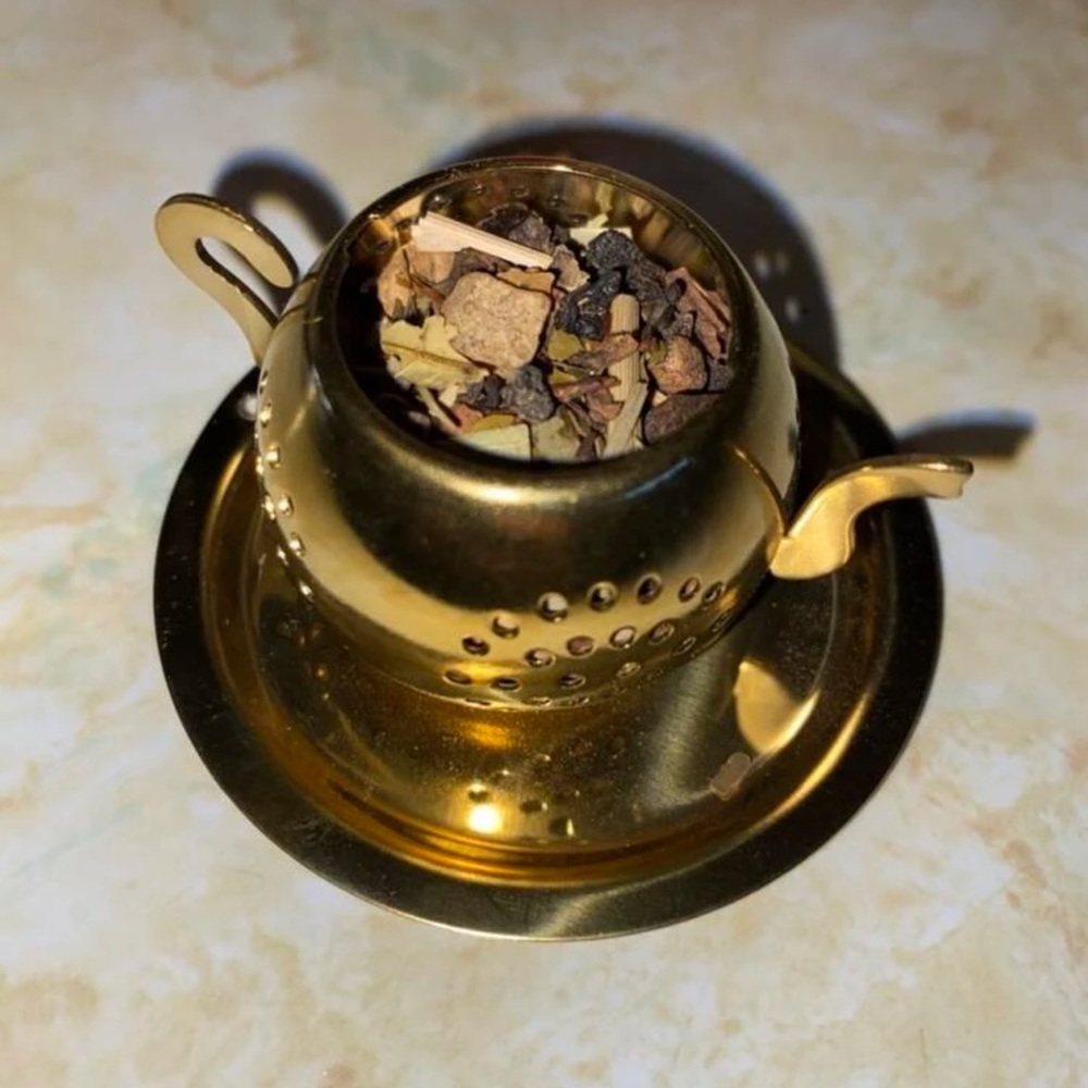 New Gold Stainless Steel Loose Leaf Tea Strainer Filter Chain Saucer Minimalist - Picture 9 of 16